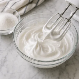 Glossy beaten egg whites forming stiff peaks