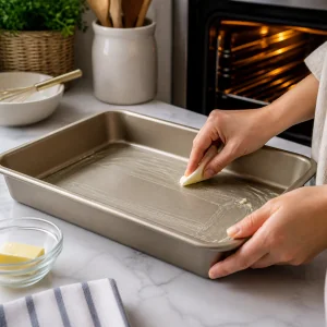Greasing a rectangular baking pan for tres leches cake