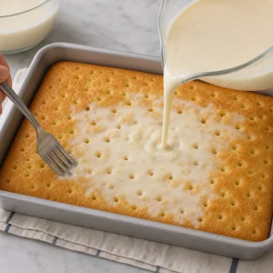 Pouring milk mixture over a poked sponge cake