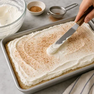 Spreading whipped cream and cinnamon over tres leches cake