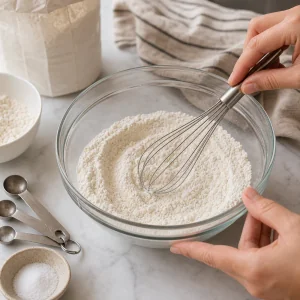 Whisking flour baking powder and salt for tres leches cake
