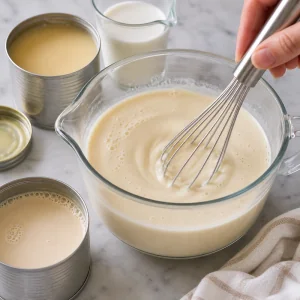Whisking the three milk mixture for tres leches cake