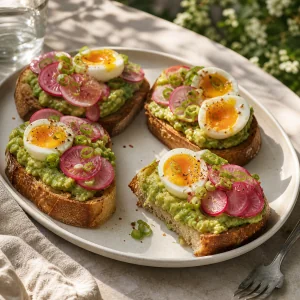 Avocado toast with jammy eggs and pickled radishes