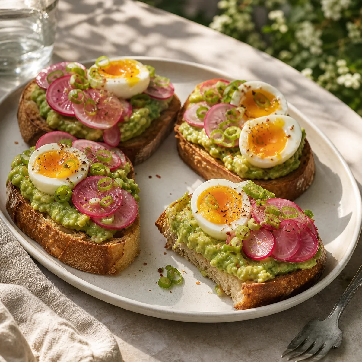Avocado toast with jammy eggs and pickled radishes