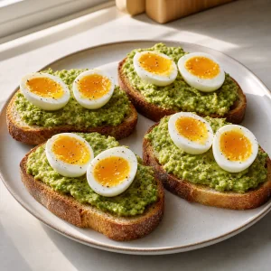 Avocado toasts topped with jammy egg halves