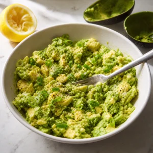 Chunky seasoned avocado mashed in a bowl