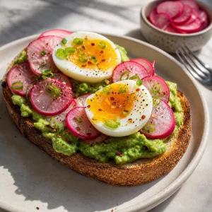 Finished avocado toast with eggs and pickled radishes