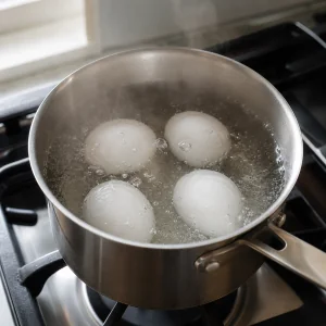 Four eggs boiling in a saucepan