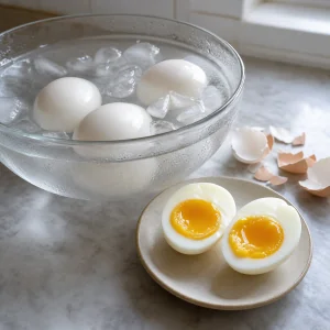 Jammy eggs cooling in an ice bath