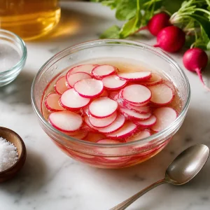 Sliced radishes soaking in quick-pickle brine