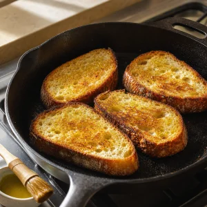 Sourdough slices toasting in a skillet