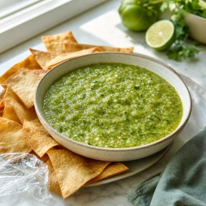 Avocado tomatillo salsa ready to serve with baked chips