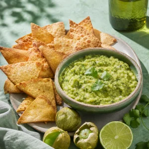 Avocado tomatillo salsa with baked tortilla chips