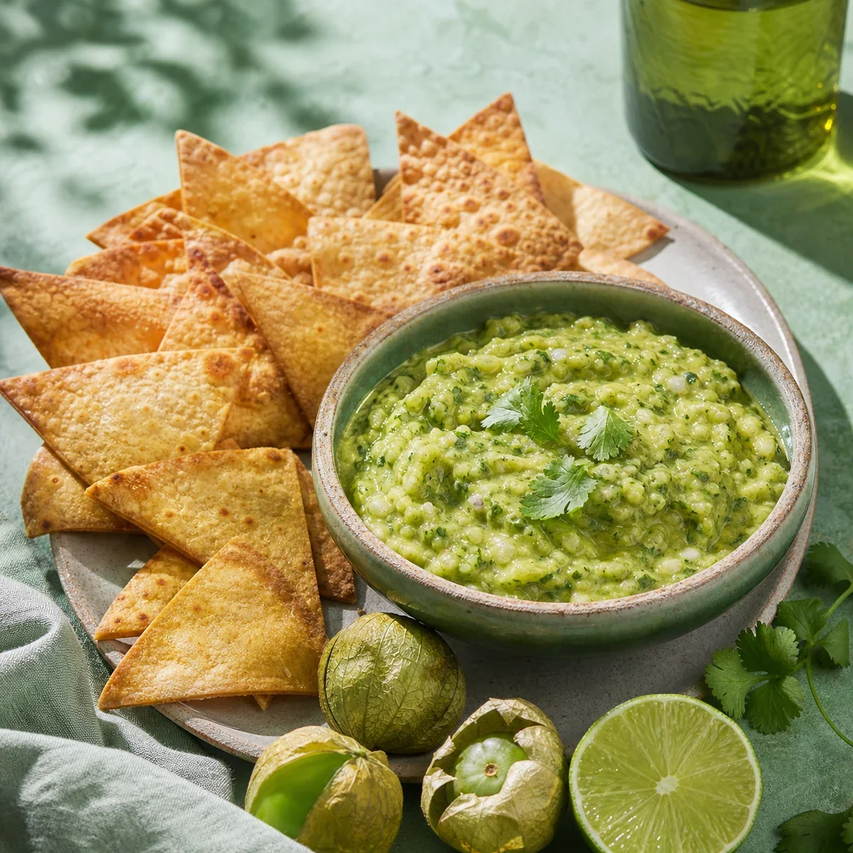 Avocado tomatillo salsa with baked tortilla chips