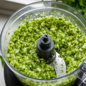 Chopped tomatillo mixture in a food processor