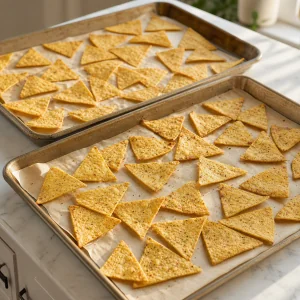 Golden baked tortilla chips cooling on sheet pans