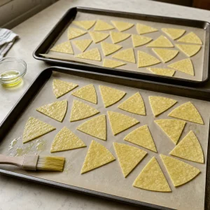 Oiled tortilla wedges arranged on sheet pans