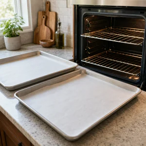 Parchment-lined sheet pans beside a prepared oven
