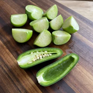 Quartered tomatillos and prepared jalapeño halves