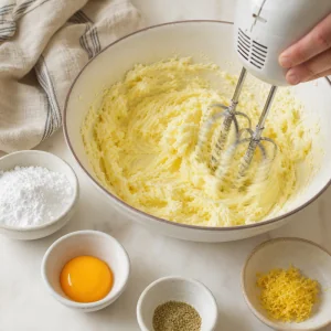 Butter and powdered sugar beaten with egg yolk cardamom vanilla and lemon zest nearby
