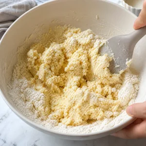 Dry ingredients folded into cardamom butter mixture until soft shortbread dough forms