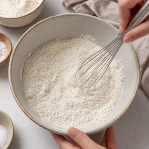 Flour cornstarch and salt whisked together in a ceramic bowl