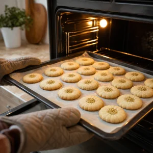 Pale shortbread cookies baking until the edges just begin to color