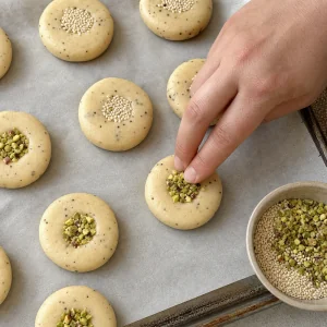 Unbaked cardamom shortbread cookies topped with crushed pistachios and sesame seeds