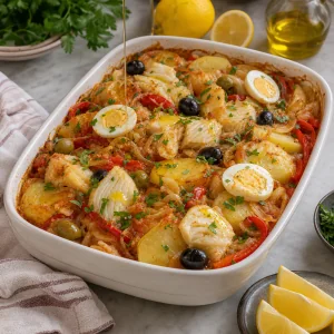 Gebackener Kabeljau mit Kartoffeln, Zitrone und Olivenoel vollendet