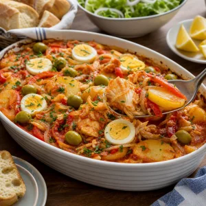 Kabeljauauflauf zum Teilen mit Brot, Salat und Zitrone