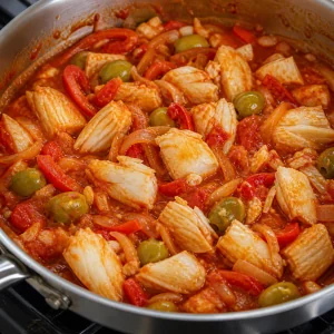 Kabeljauflocken und gruene Oliven in Tomatensauce gehoben