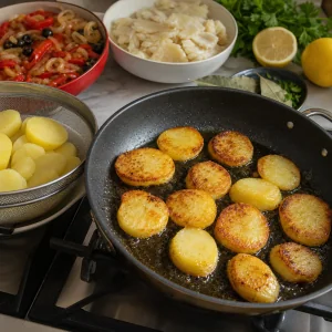Goldbraune Kartoffelscheiben braten in einer Pfanne