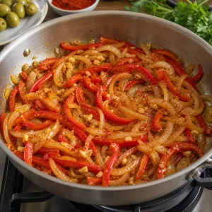 Zwiebeln und rote Paprika mit Knoblauch und Paprika weich geduenstet