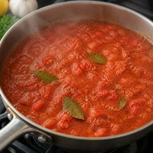 Dicke Tomatensauce koechelt mit Lorbeerblaettern