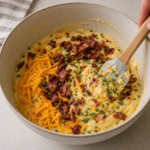 Bacon, shredded cheddar, and chives folded into cornmeal muffin batter
