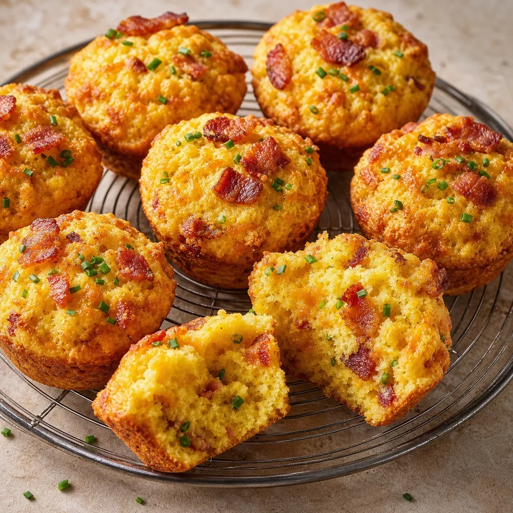 Golden bacon cheddar cornmeal muffins with chives on a cooling rack