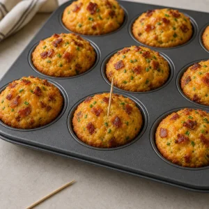 Golden baked muffins in a pan with a clean toothpick inserted in one