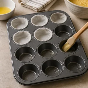 Muffin pan partly lined with paper cups and greased with a pastry brush