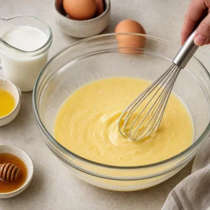 Pale yellow buttermilk and egg mixture being whisked in a glass bowl