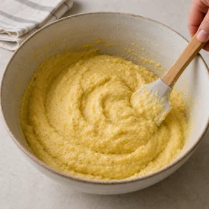 Thick yellow cornmeal muffin batter folded with a spatula