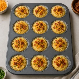 Unbaked cornmeal muffin batter in a pan topped with cheddar and bacon
