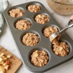 Pate a beignets de pomme repartie dans des moules a muffins graisses aux trois quarts
