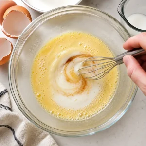 Oeufs battus melanges avec du lait et de la vanille jusqua consistance lisse