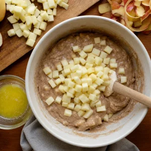Pommes finement coupees incorporees a la pate avec du beurre fondu