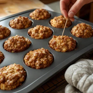 Beignets de pomme dores dans un moule a muffins avec test du cure-dent propre
