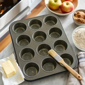 Moule a muffins graisse prepare pour des beignets de pomme cuits au four