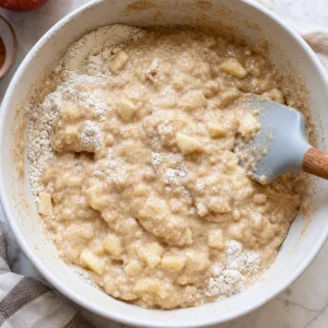 Ingredients humides incorpores aux ingredients secs pour une pate a beignets legerement grumeleuse