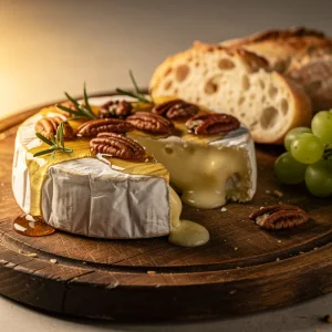 A wheel of gooey baked brie topped with honey, pecans, and rosemary on a wooden serving board