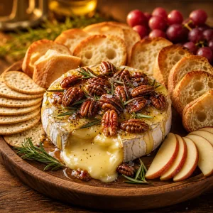 Brie cuit servi avec baguette, craquelins et quartiers de pomme