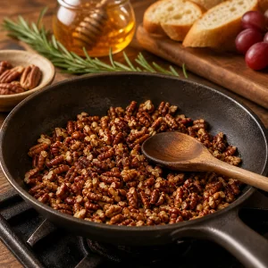 Noix de pecan hachees grillees dans une petite poele seche